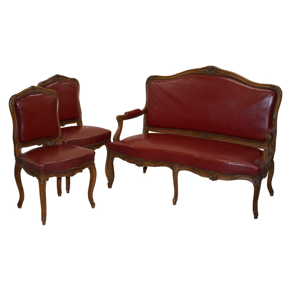 oxblood leather french salon armchairs sofa set of 3 GZP-1013696