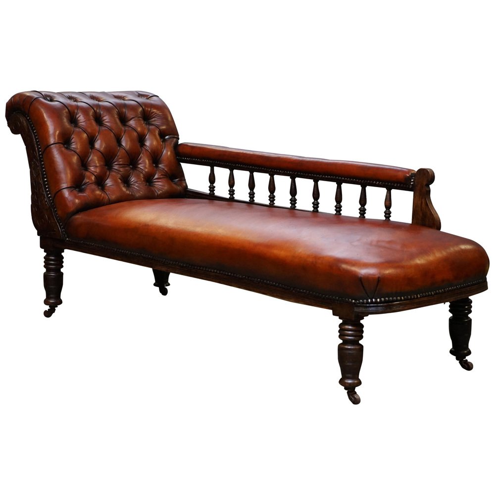 victorian cigar brown leather chesterfield chaise longue or daybed GZP-1013756