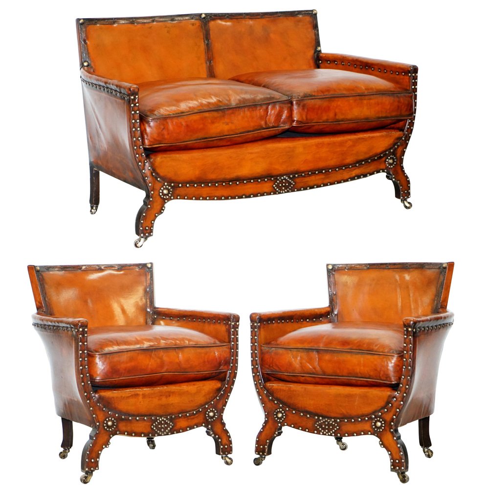 edwardian studded whisky brown leather tub club sofa armchairs set of 3 GZP-1013862