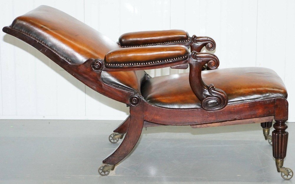 William IV Brown Leather Reclining Library Reading Armchair & Footstool ...