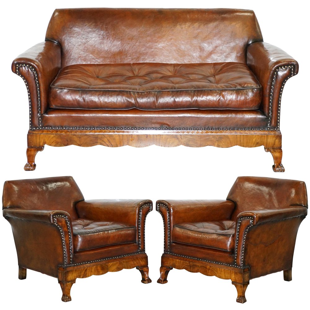 marquetry walnut inlay and brown leather sofa armchairs by thomas chippendale set of 3 GZP-1013933