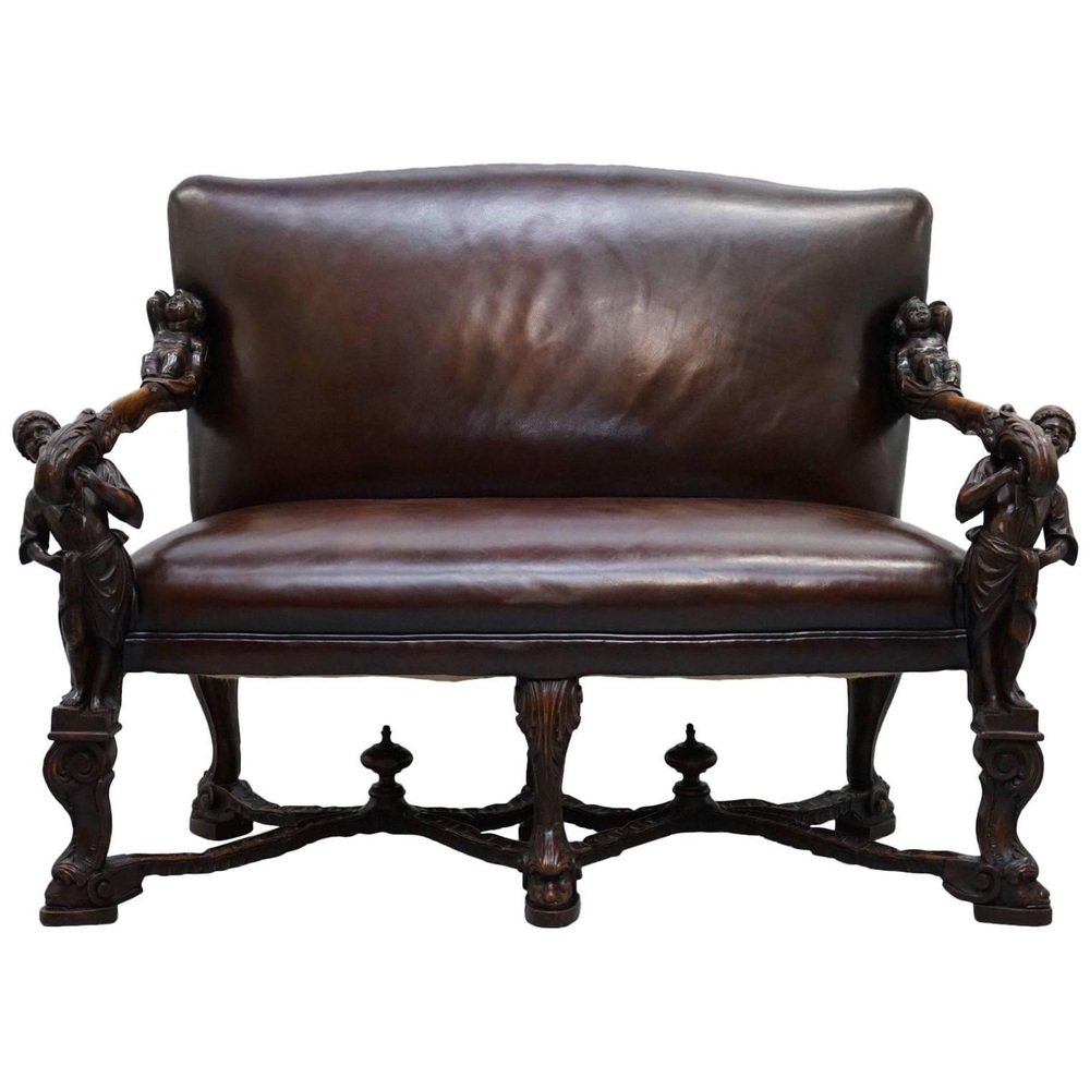 baroque venetian carved walnut settee sofa bench in brown leather from valentino besarel GZP-1013937