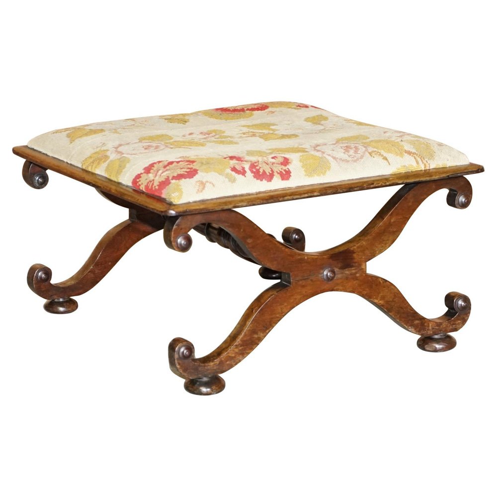 antique william mary style walnut embroidered footstool GZP-1013972