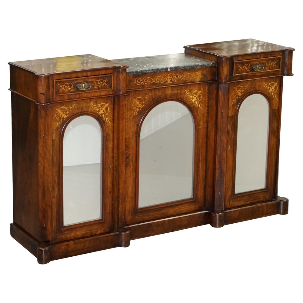 victorian walnut marquetry inlaid mirrored credenza with marble top GZP-1014159
