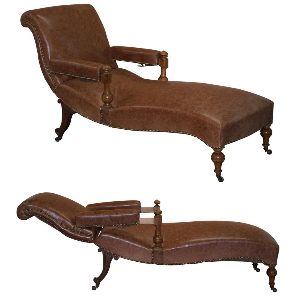 victorian brown leather recliner chaise lounge 1860s GZP-1014165
