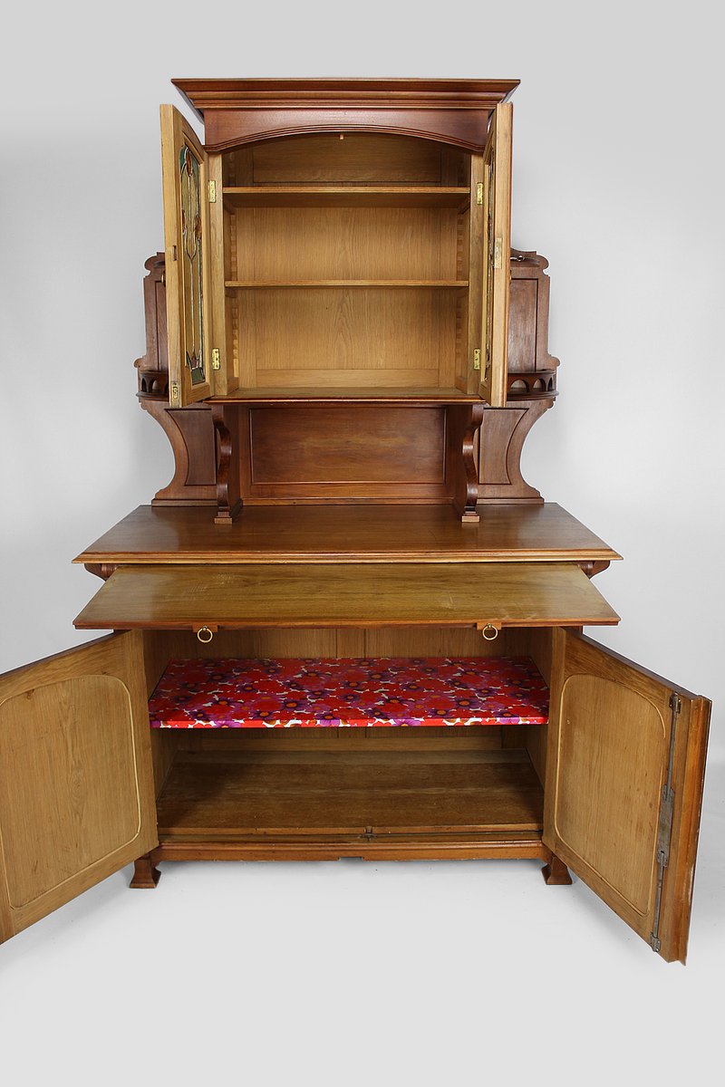 art nouveau buffet in carved mahogany with stained glass 1900s XNH-1017666