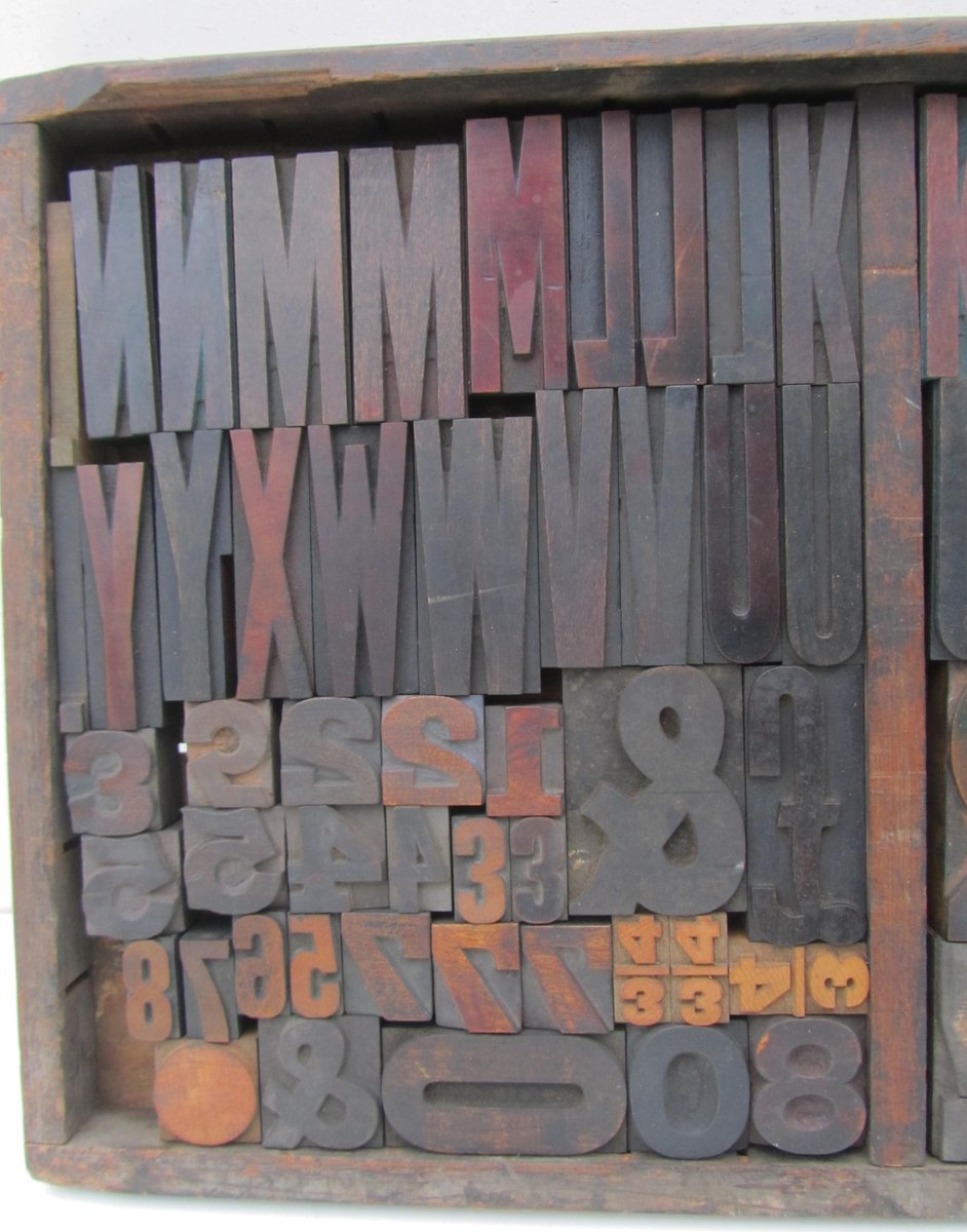 Industrial Vintage Wooden Letters & Numbers Printing Blocks for sale at
