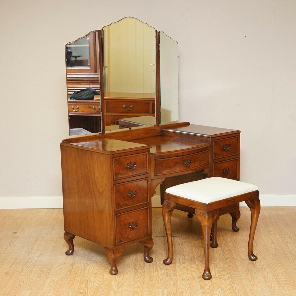 vintage burr walnut dressing table stool with trifold mirrors ZSY-1020023