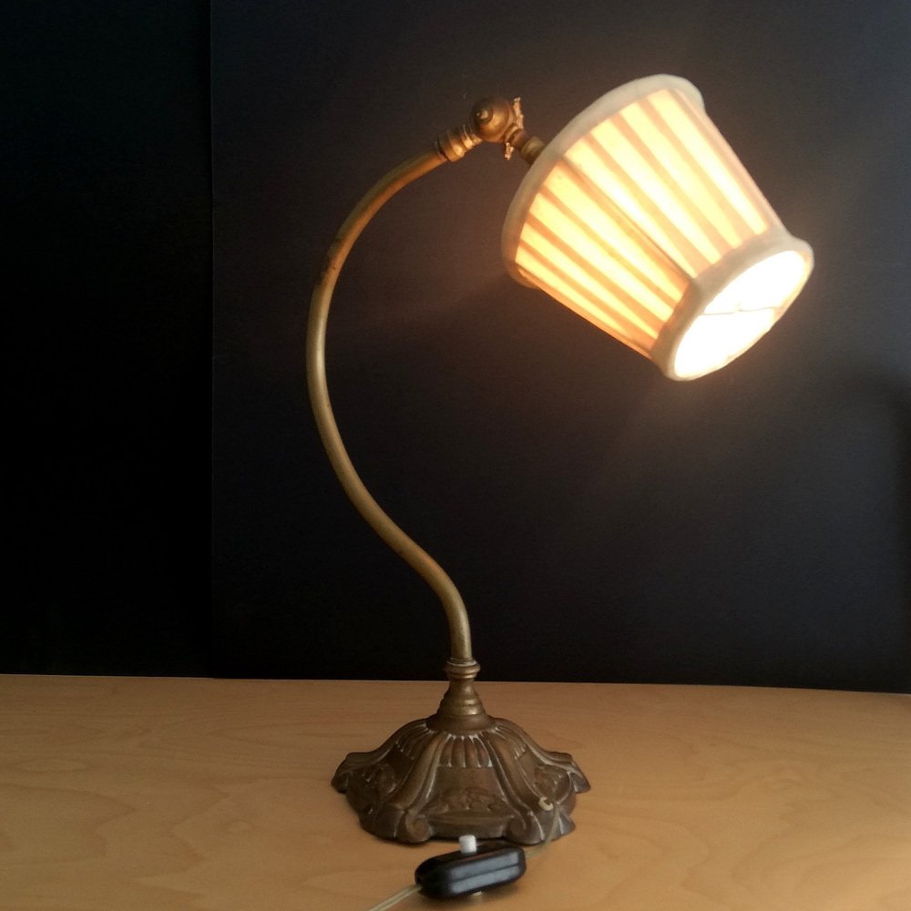 Antique French Brass Swan Neck Table Lamp, 1920s for sale at Pamono