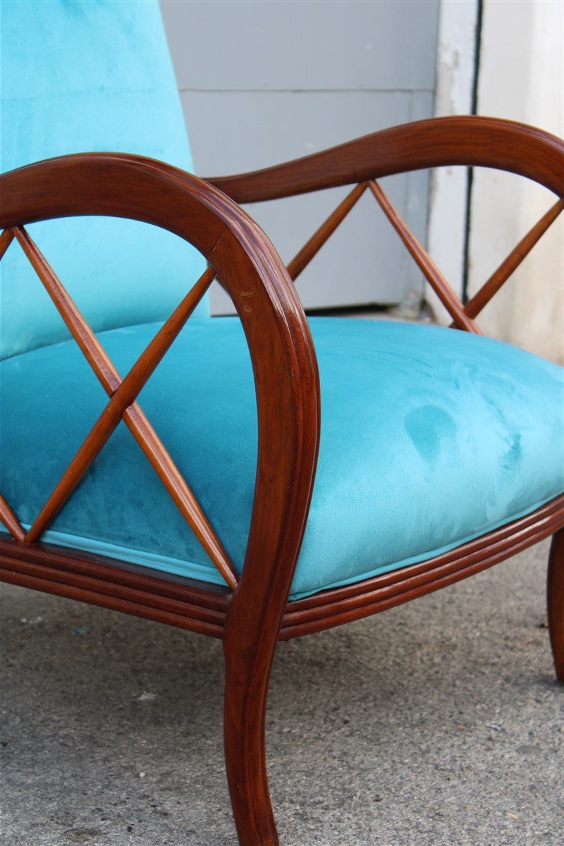 Walnut and Light Blue Velvet Armchair by Paolo Buffa, 1940s for sale at