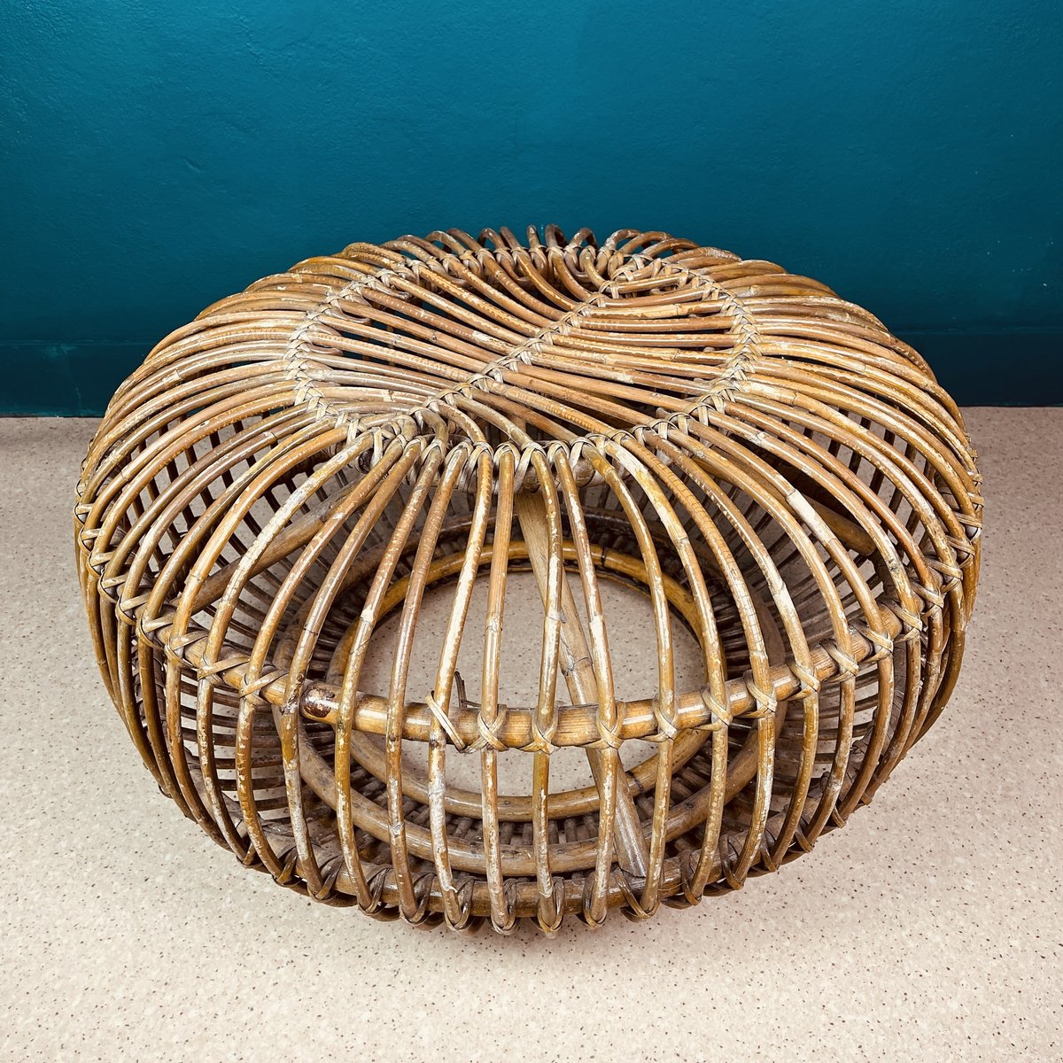 mid century wicker rattan ottoman or pouf italy 1950s WQC-1059244