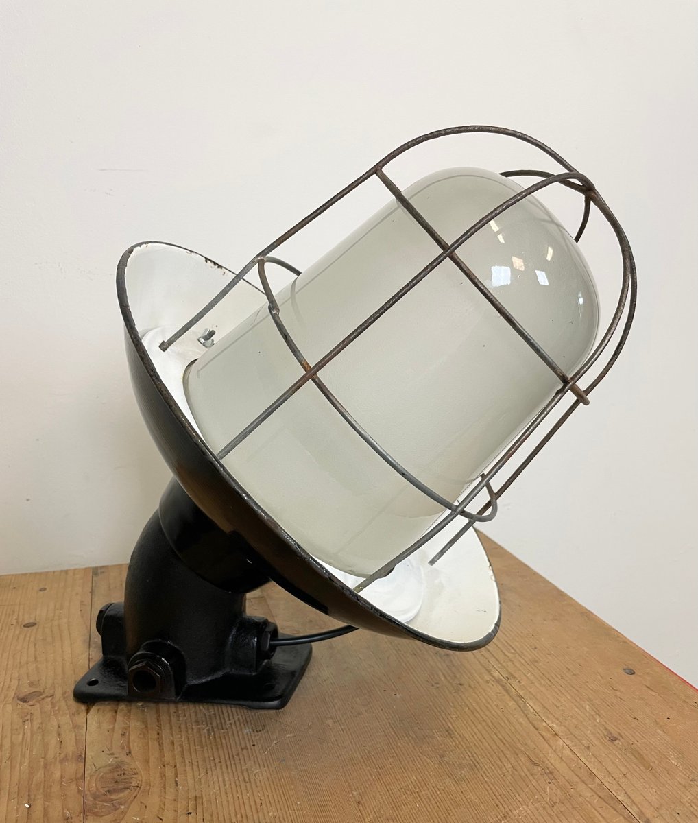 Industrial Black Enamel and Cast Iron Wall Lamp with Iron Grid, 1960s