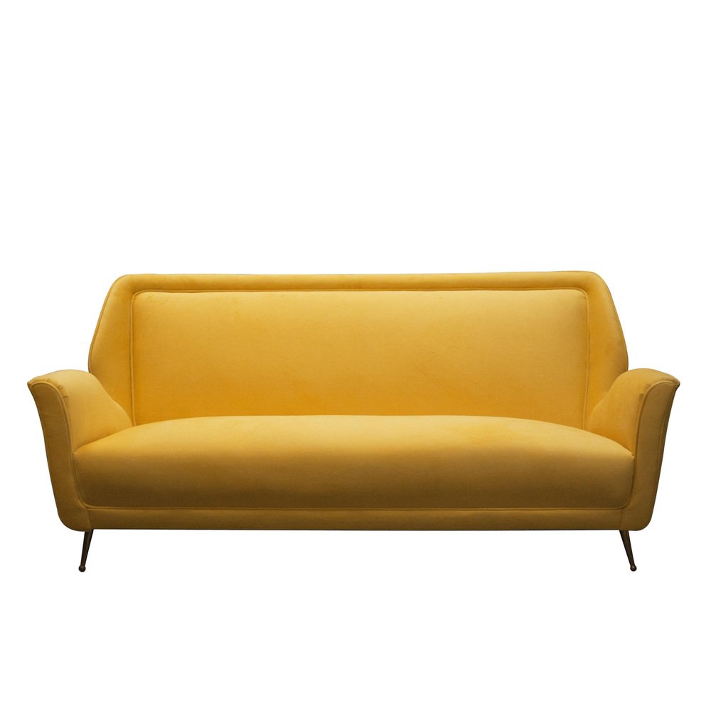 MidCentury Modern Yellow Velvet Sofa, Italy, 1950 for sale at Pamono