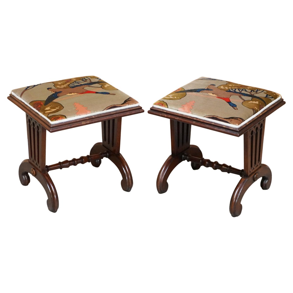 william iv hardwood footstools in mulberry flying ducks upholstery 1830s set of 2 GZP-1063545