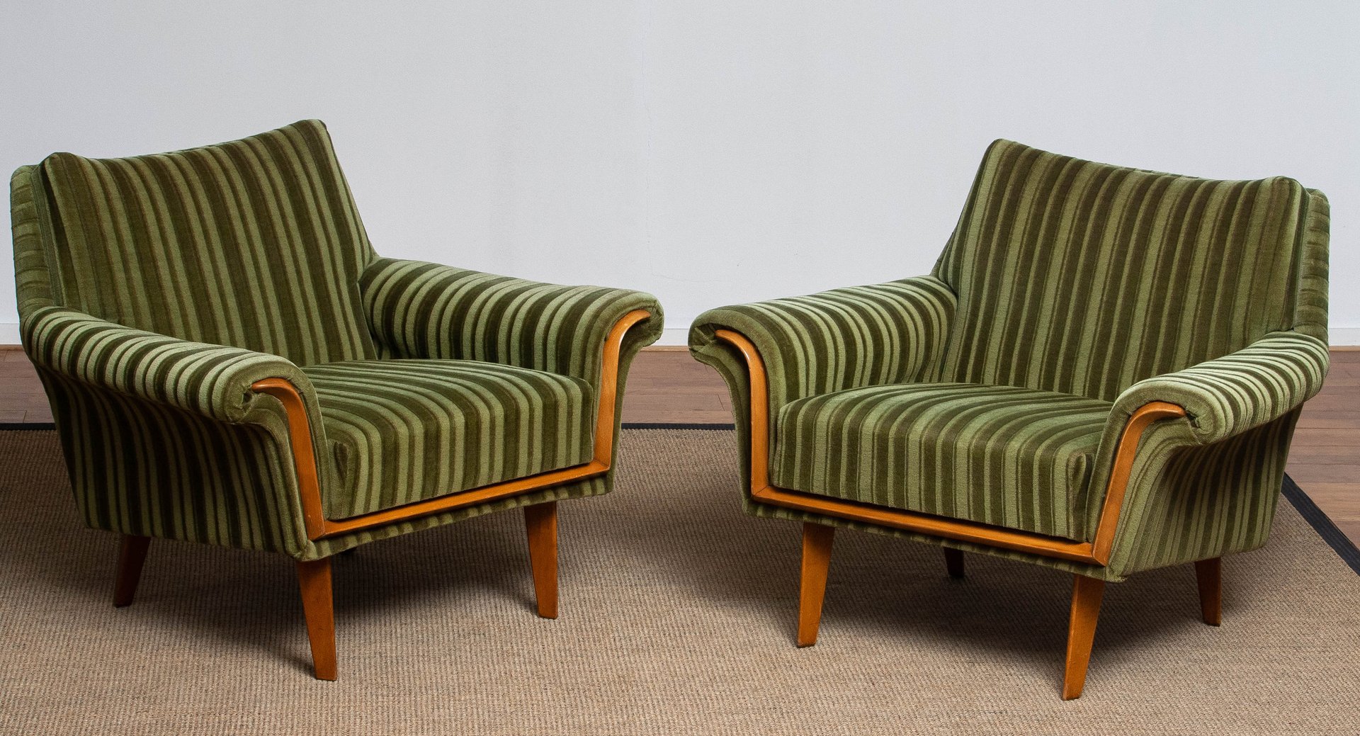 italian green striped velvet lounge easy or club chairs 1950s set of 2 JE-1063855
