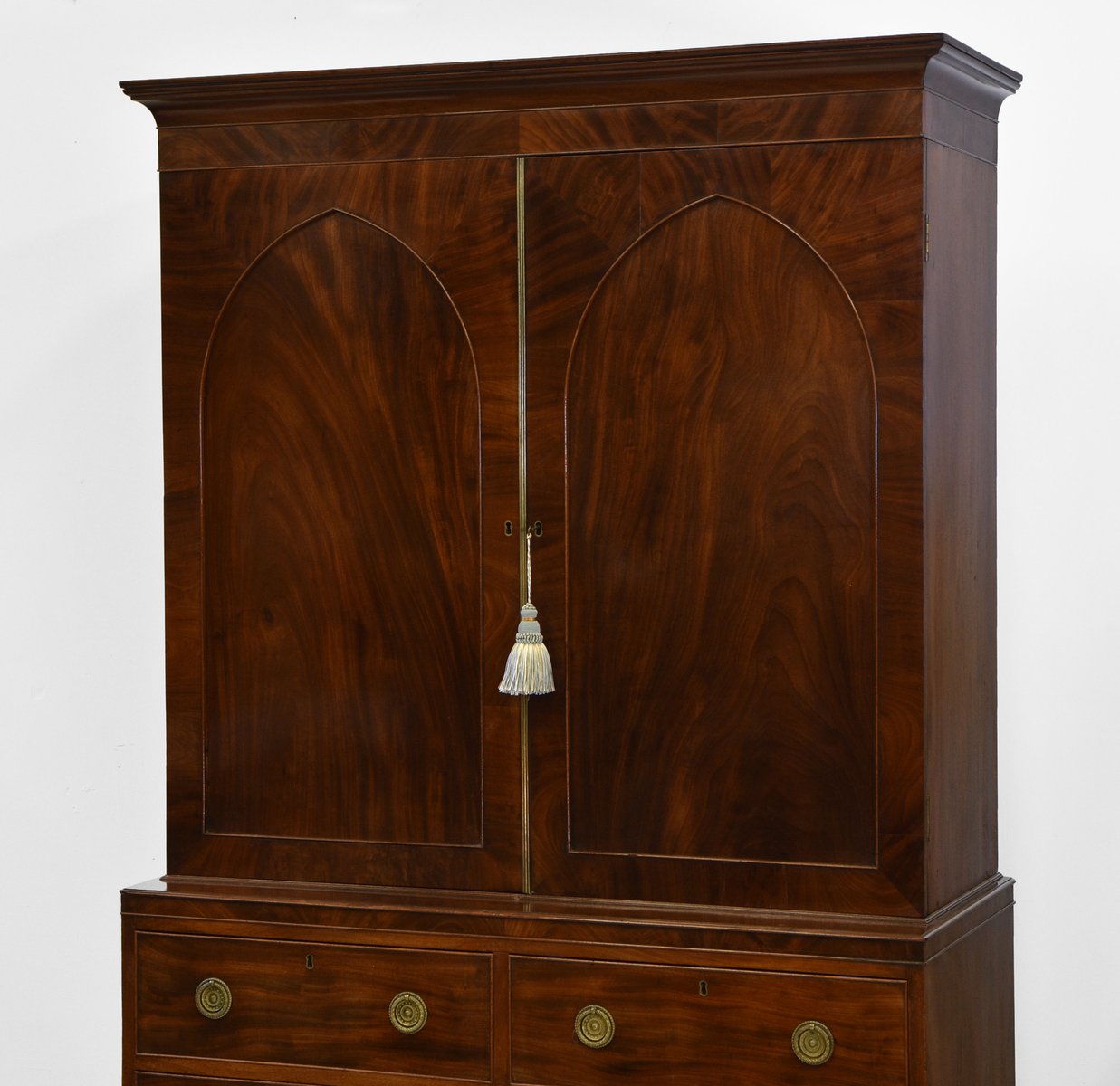 Flame Mahogany Linen Press Wardrobe with Gothic Lancet Arched