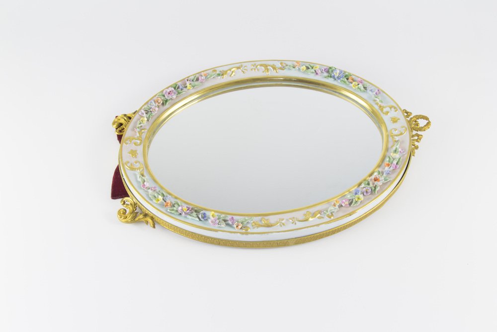 Oval Table Mirror with Porcelain Frame for sale at Pamono