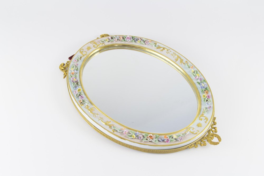 Oval Table Mirror with Porcelain Frame for sale at Pamono