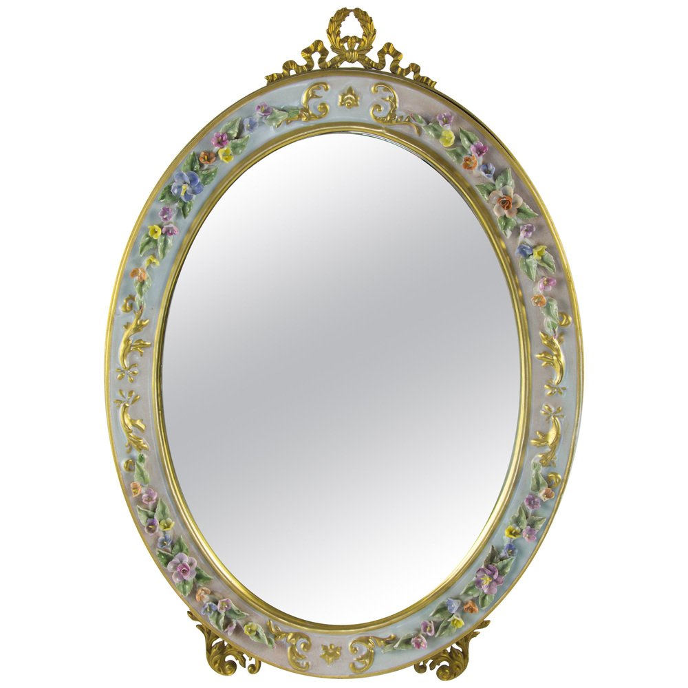 Oval Table Mirror with Porcelain Frame for sale at Pamono