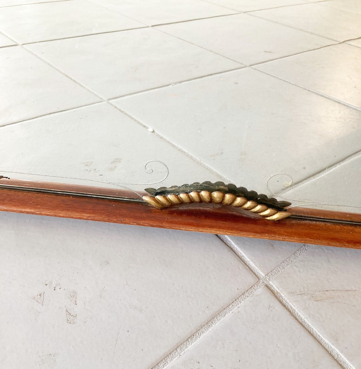 Large Unframed Mirror with Brass Shell Details, 1950s for sale at Pamono