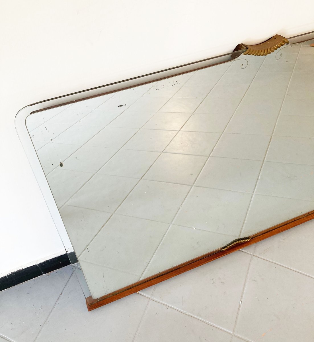 Large Unframed Mirror with Brass Shell Details, 1950s for sale at Pamono
