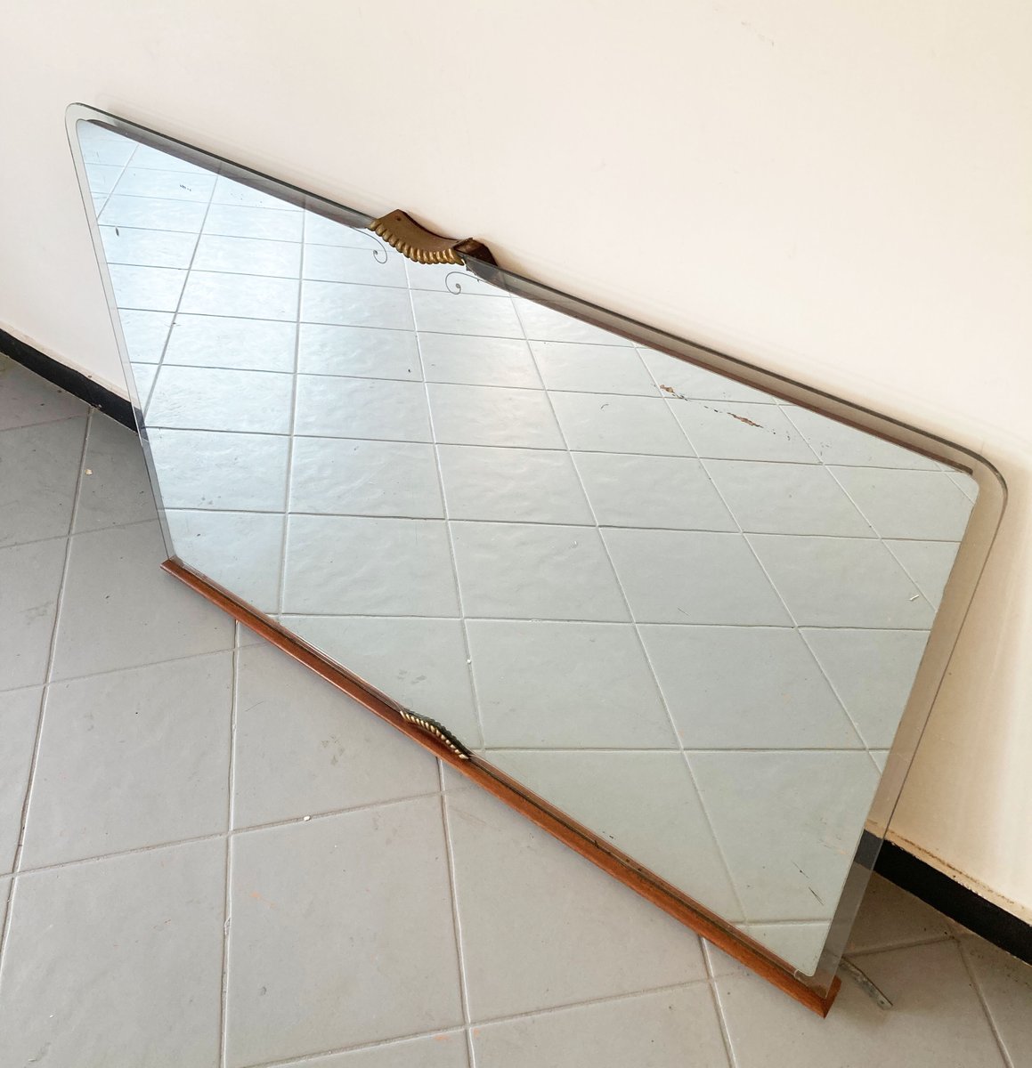 Large Unframed Mirror with Brass Shell Details, 1950s for sale at Pamono