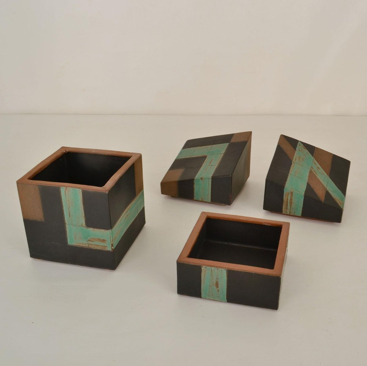 Sculptural Studio Pottery Boxes in Sage Green and Black, Set of 2 for