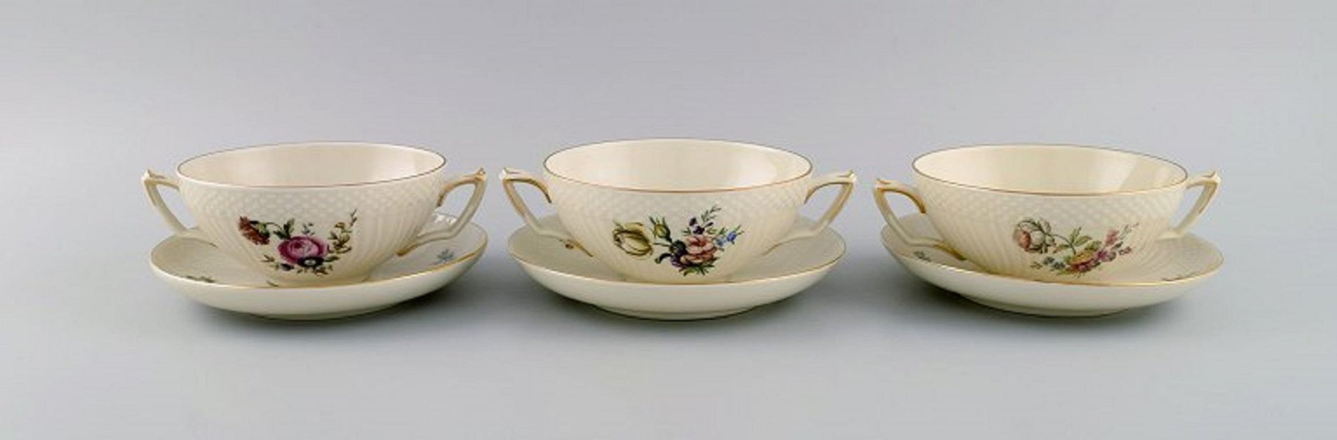 Danish Porcelain Bouillon Cups with Saucers from Royal Copenhagen, Set