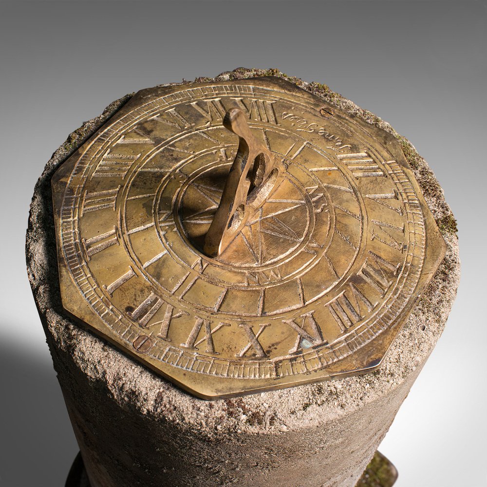 Antique English Victorian Stone Column Brass Dial Garden Sundial, 1900s