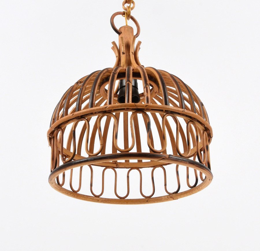 Runde italienische MidCentury Riviera Hängelampe aus Bambus & Rattan