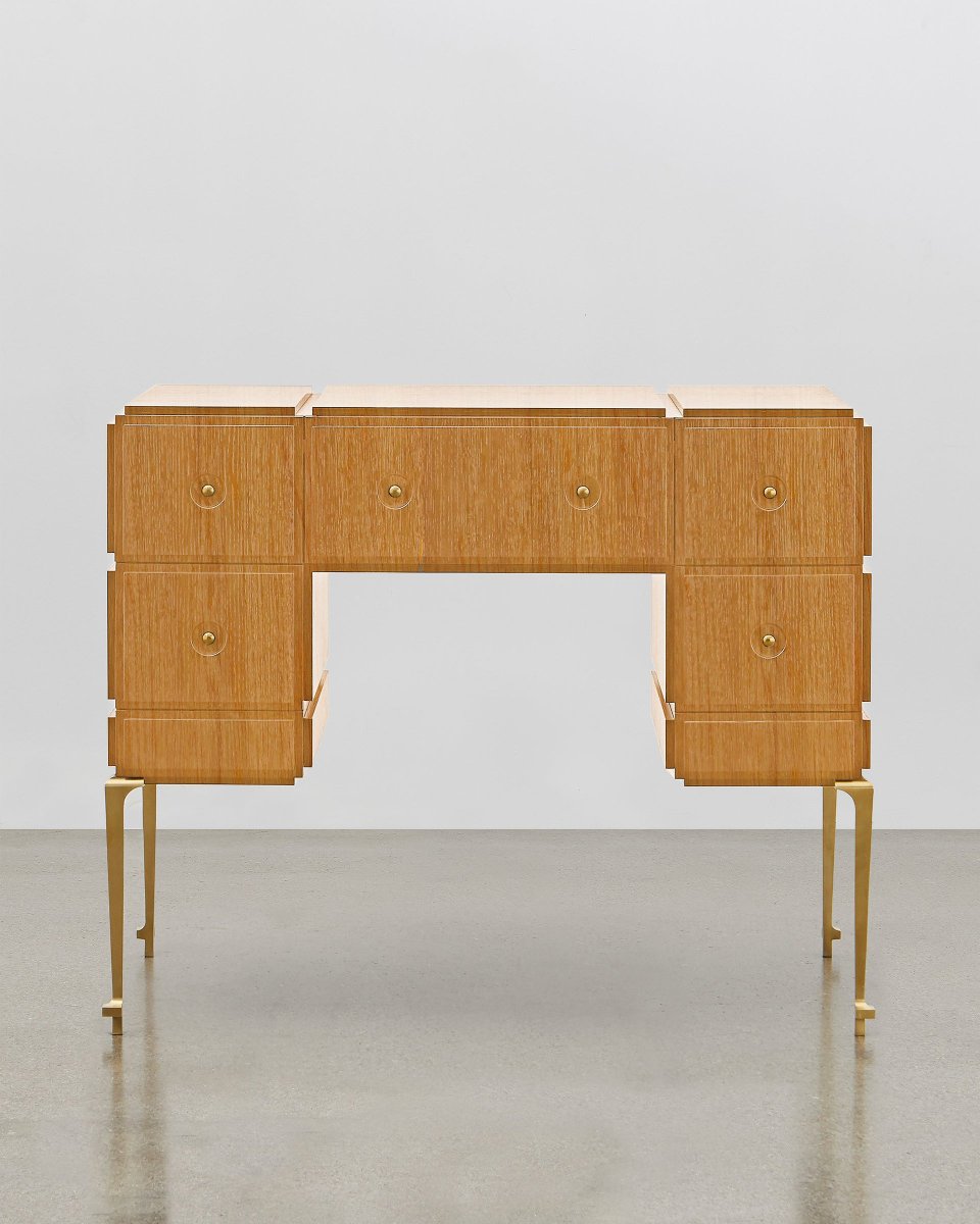 PH Grand Dressing Table, Brass Legs, Natural Oak Veneer, White Ash Wood