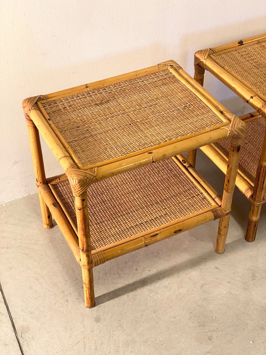 Couchtische aus Korbgeflecht & Bambus, 1970er, 2er Set bei Pamono kaufen