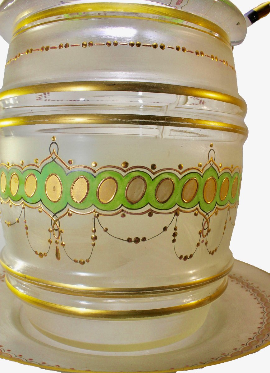 Art Nouveau Punch Bowl & Spoon with Enameled Details and Gold Paint