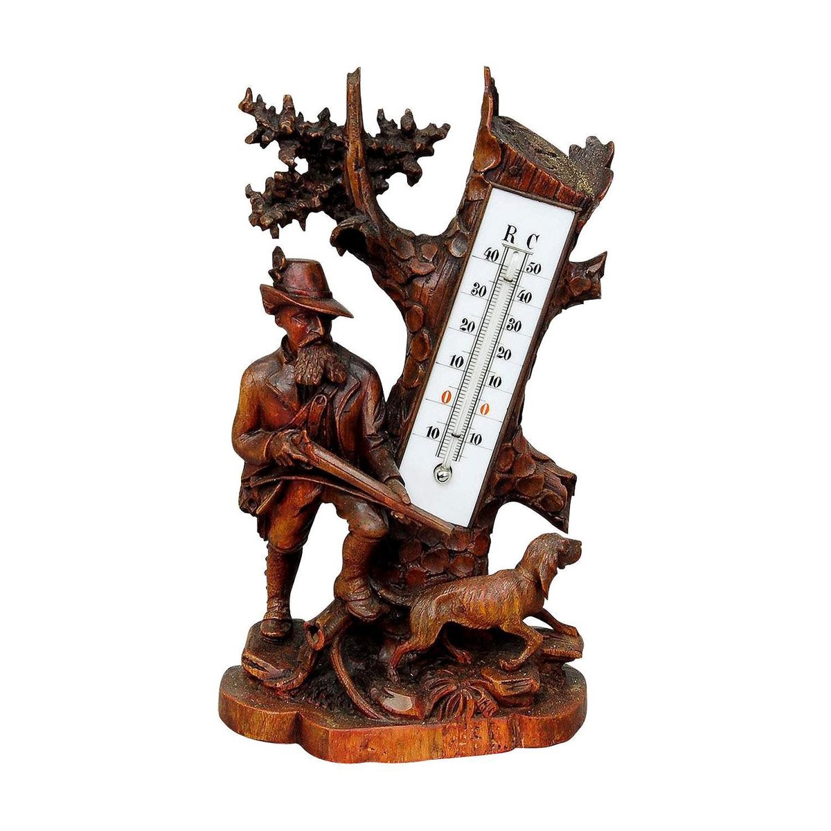 Carved Wood Thermometer Stand Hunter and Staghound 1910s for