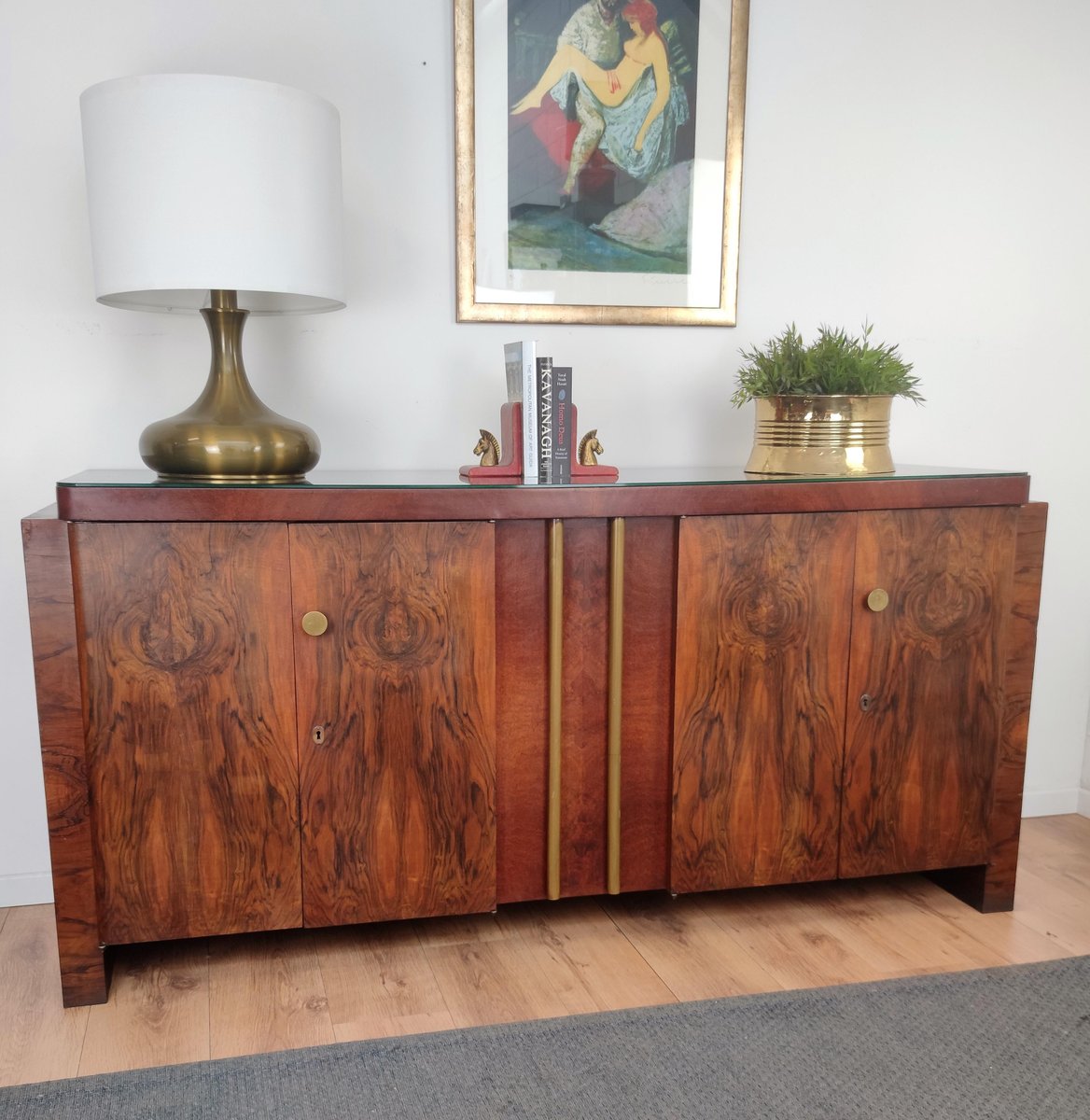 Art Deco MidCentury Modern Italian Walnut Burl Brass Sideboard