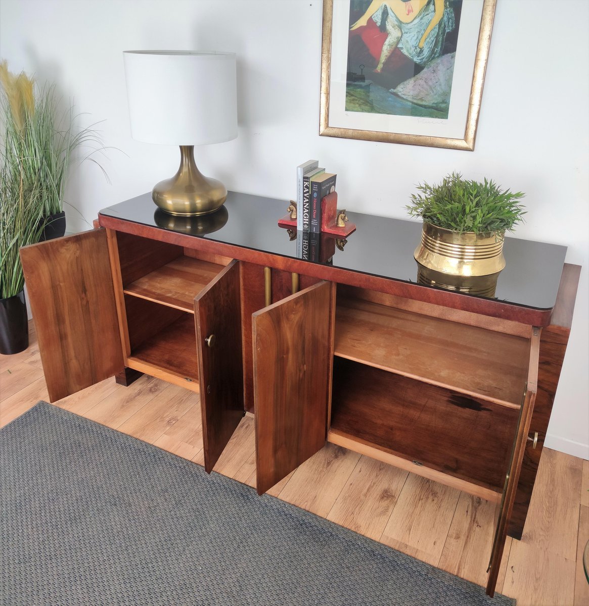 Art Deco MidCentury Modern Italian Walnut Burl Brass Sideboard