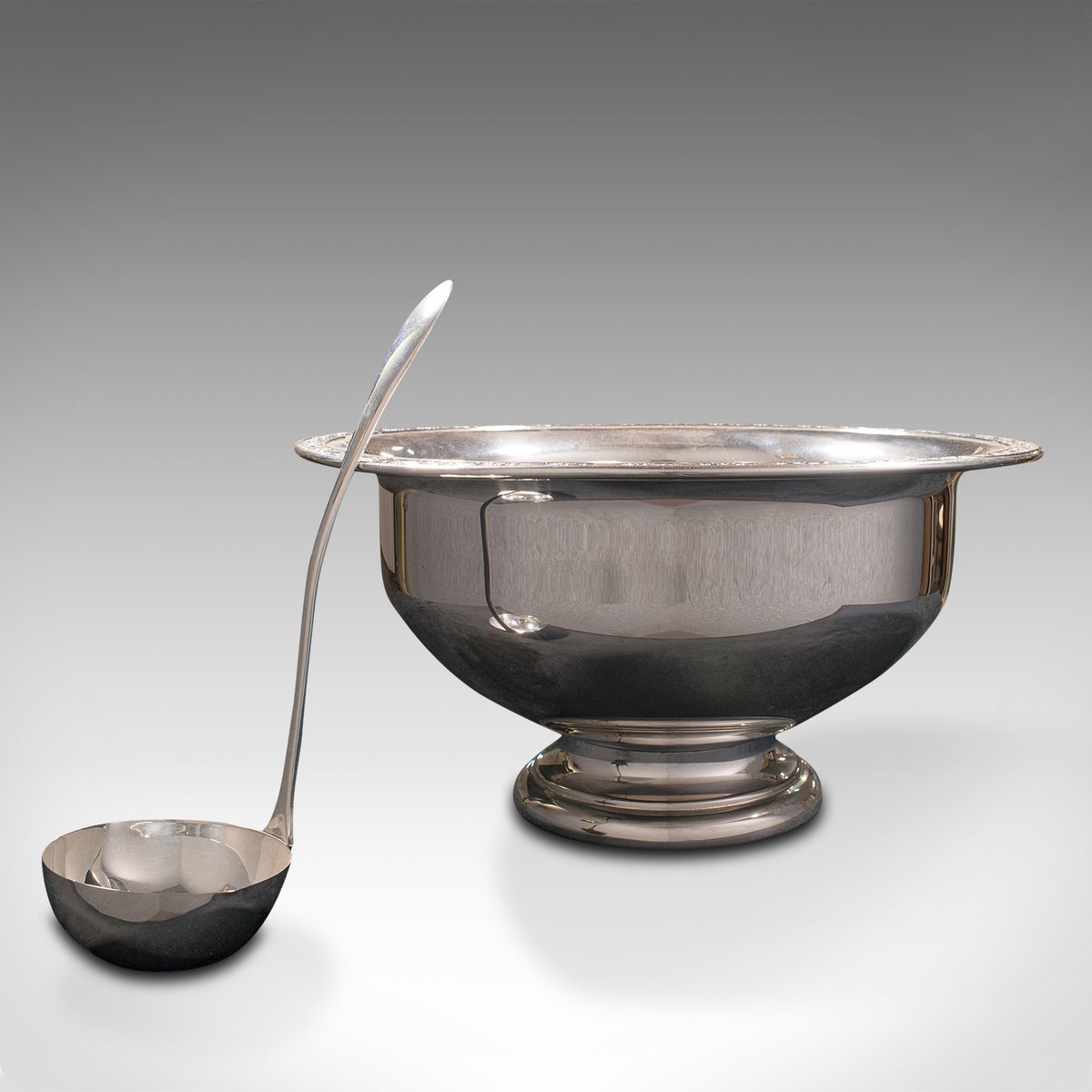 Vintage American Silver Plated Punch Bowl & Spoon, Set of 2 for sale at