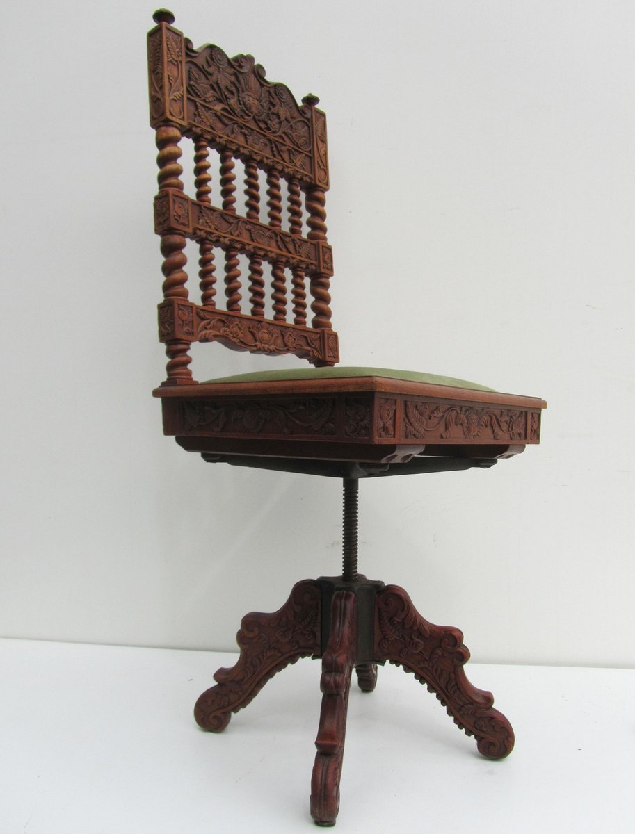 Art Deco Dutch Colonial Carved Desk & Swivel Chair, 1930s, Set of 2 for