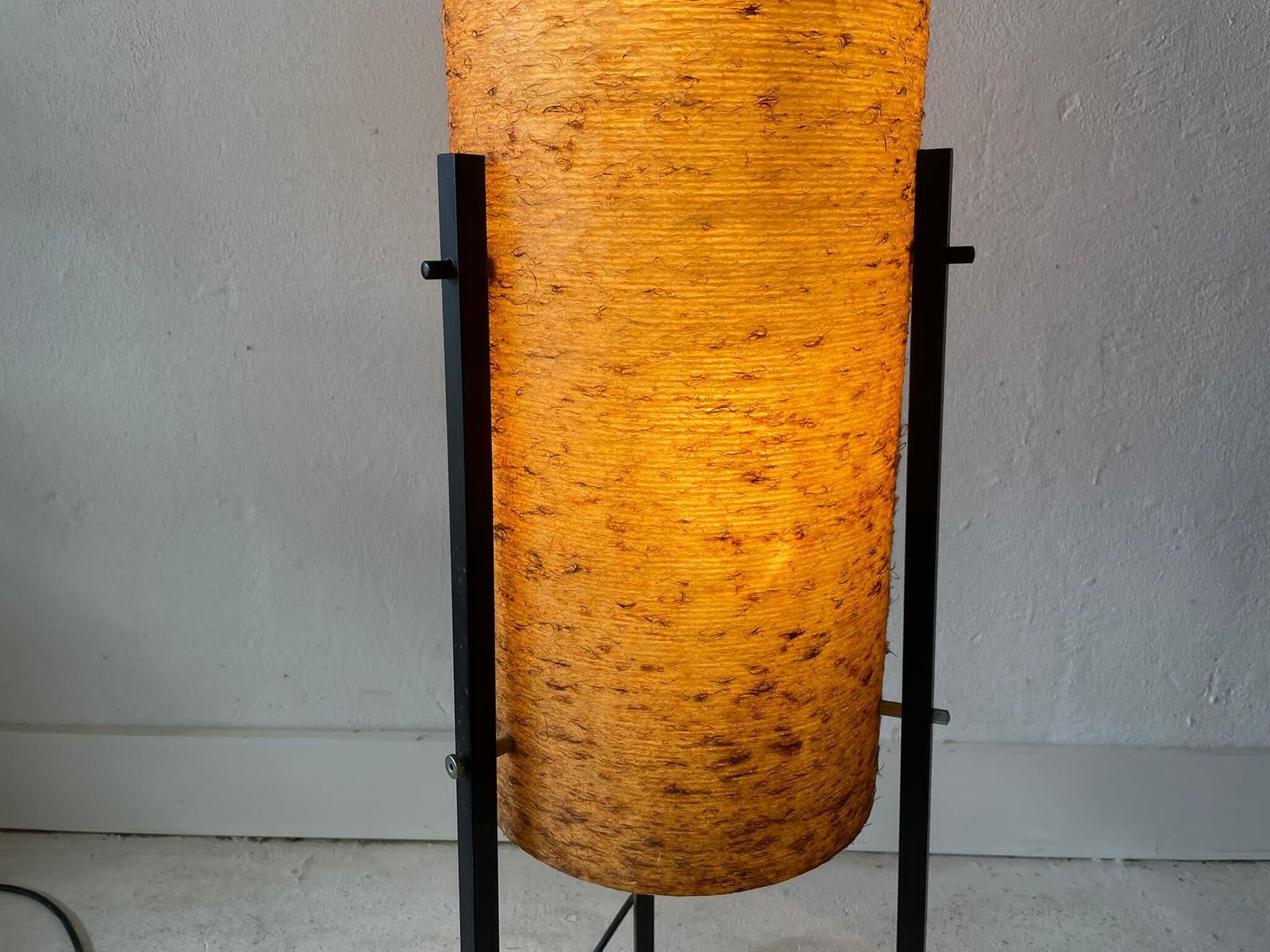 German Cylinder Design Fiberglass & Black Metal Tripod Floor Lamp