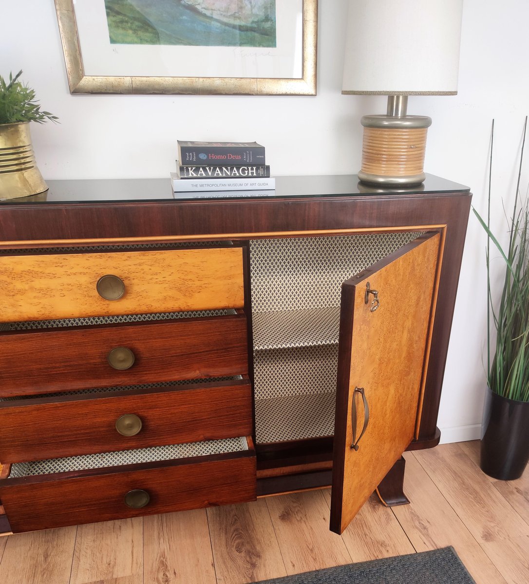 Art Deco Italian MidCentury Modern Walnut Burl Brass Thin Sideboard