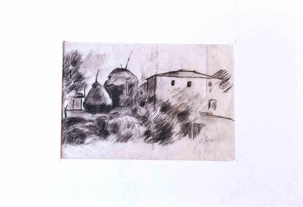 The Village, Original Drawing in Charcoal, Mid20th Century for sale at