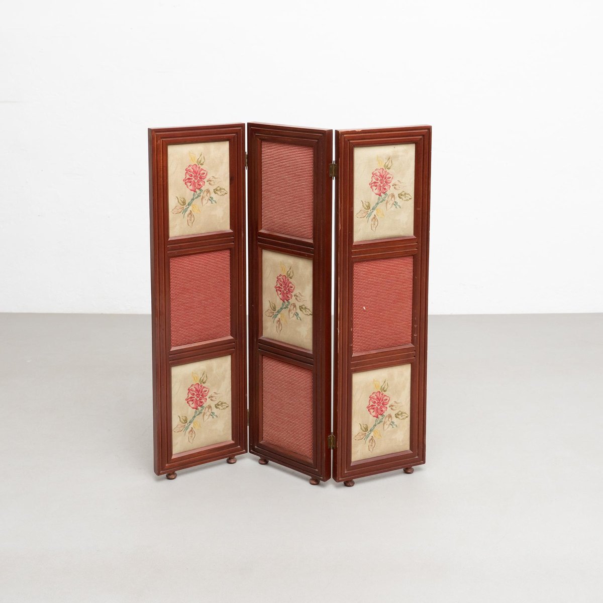 20th Century Wood & Hand Painted Fabric Folding Room Divider for sale