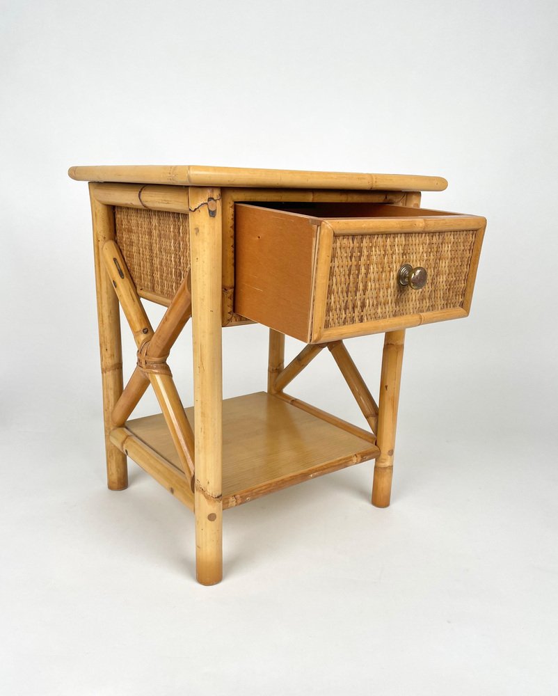 Italian Rattan Bedside Tables in Bamboo and Wood, 1980s for sale at Pamono