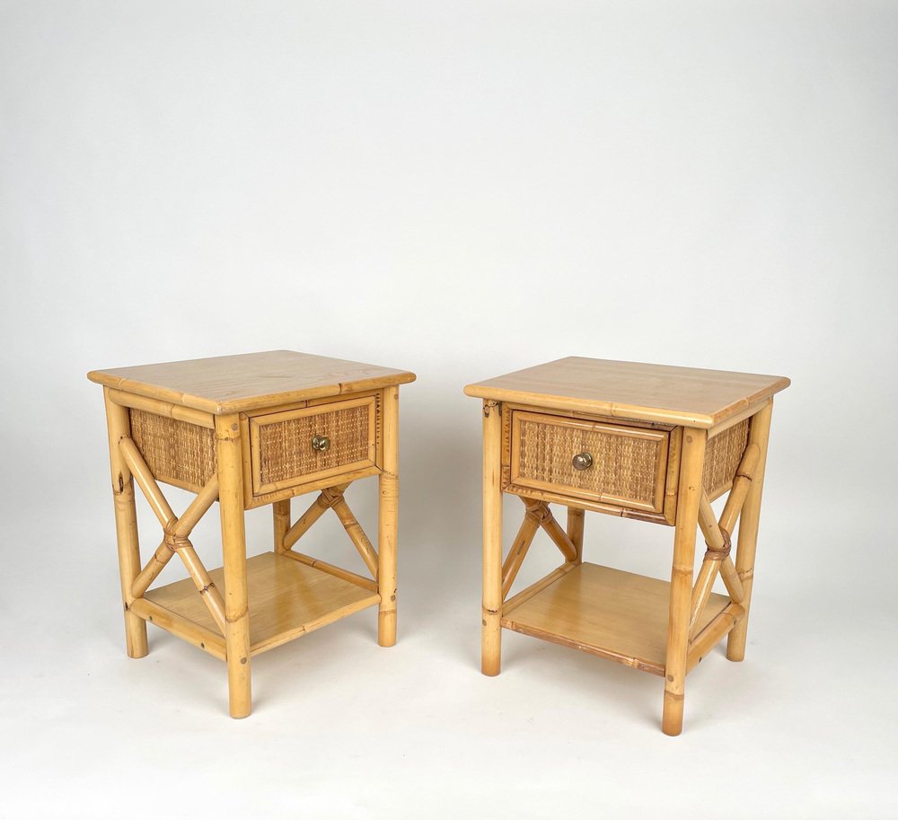 Italian Rattan Bedside Tables in Bamboo and Wood, 1980s for sale at Pamono