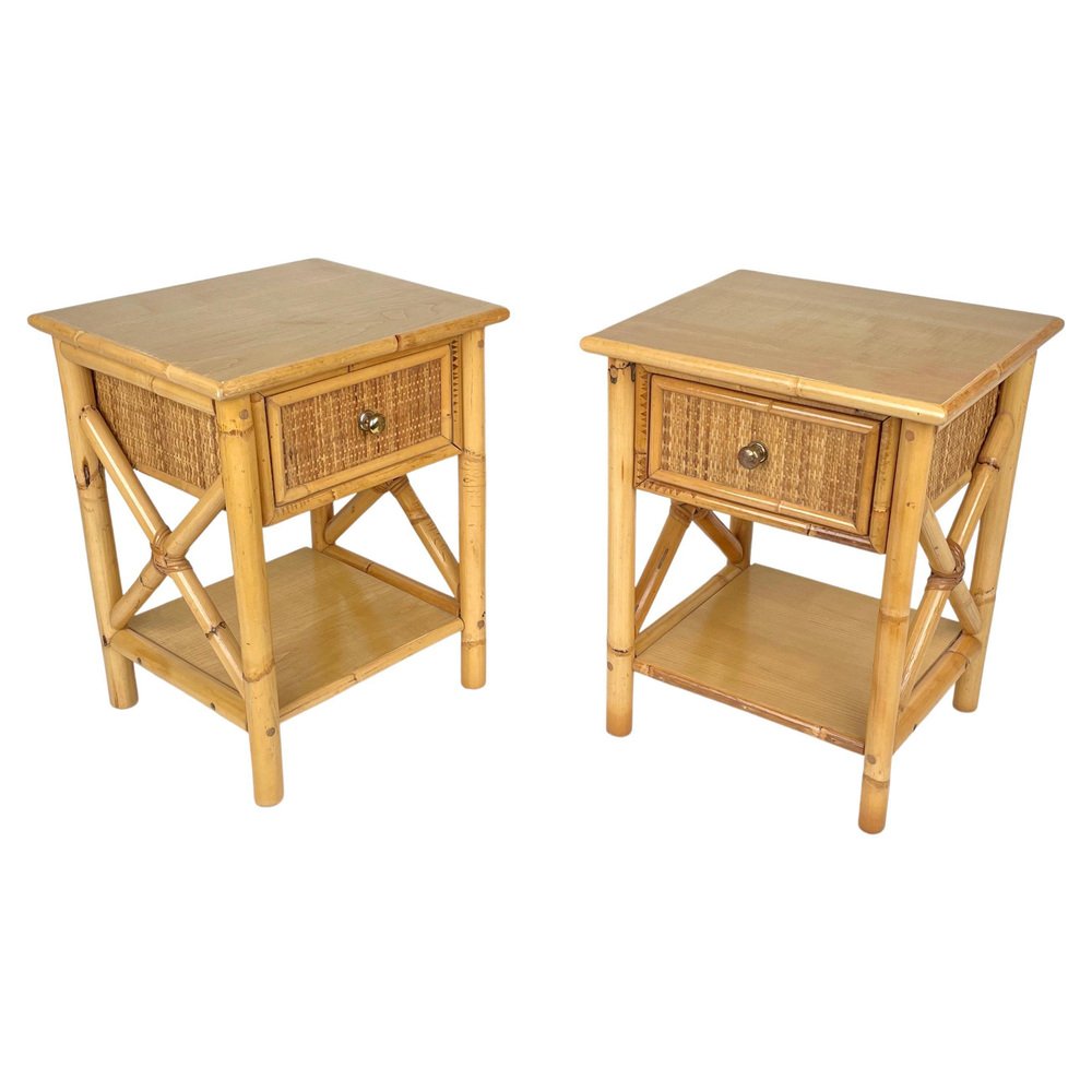 Italian Rattan Bedside Tables in Bamboo and Wood, 1980s for sale at Pamono