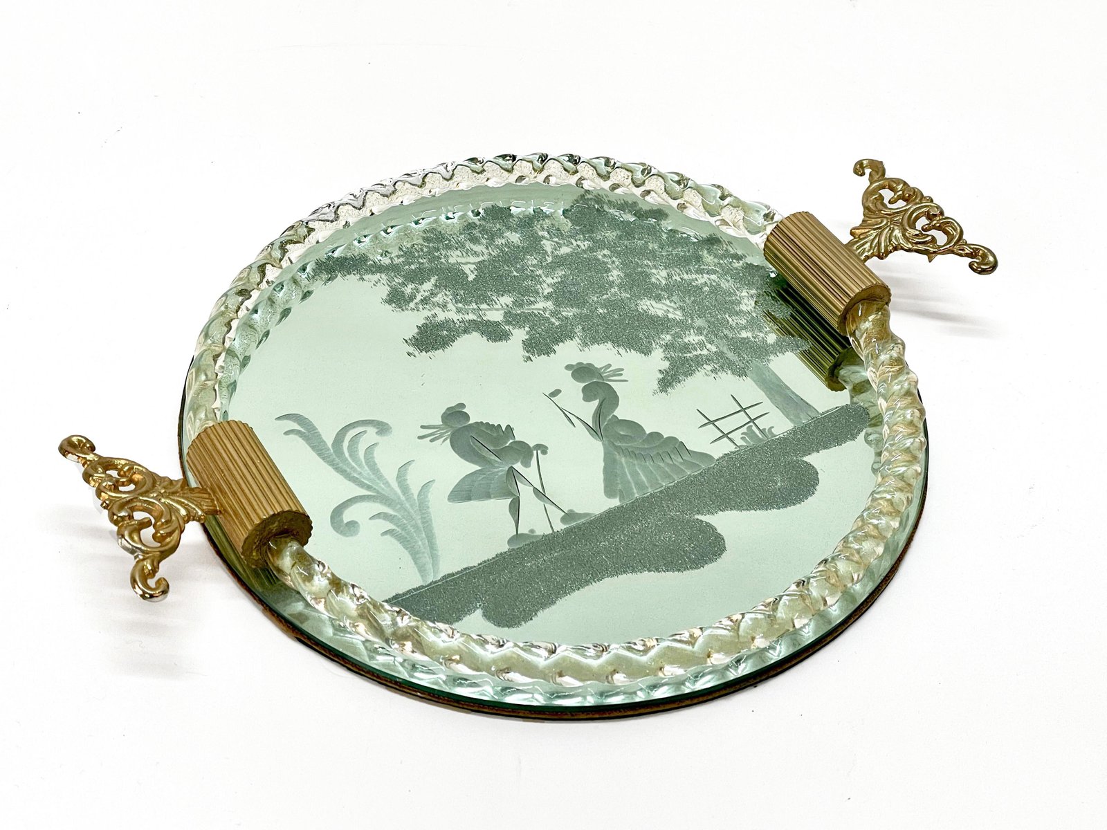 Italian MirrorEngraved Murano Glass Serving Tray from Ercole Barovier, 1940s for sale at Pamono