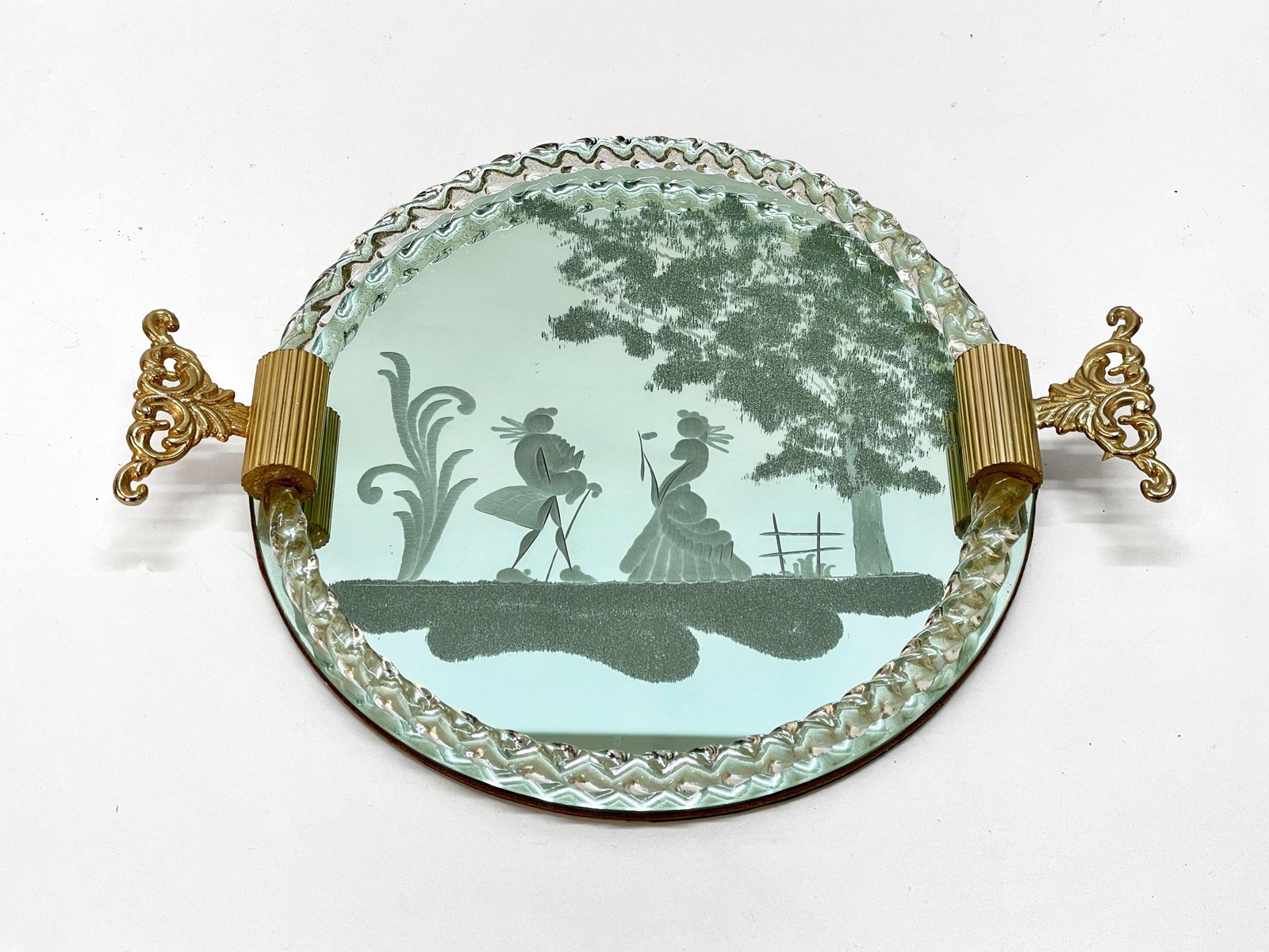 Italian MirrorEngraved Murano Glass Serving Tray from Ercole Barovier, 1940s for sale at Pamono