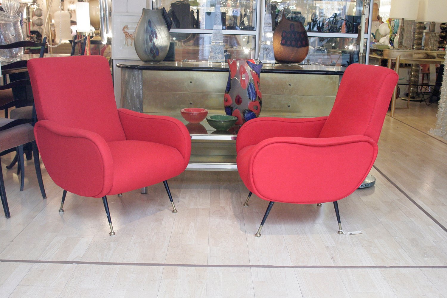 Italian Red Armchairs with Black Legs, 1950s, Set of 2 for sale at Pamono