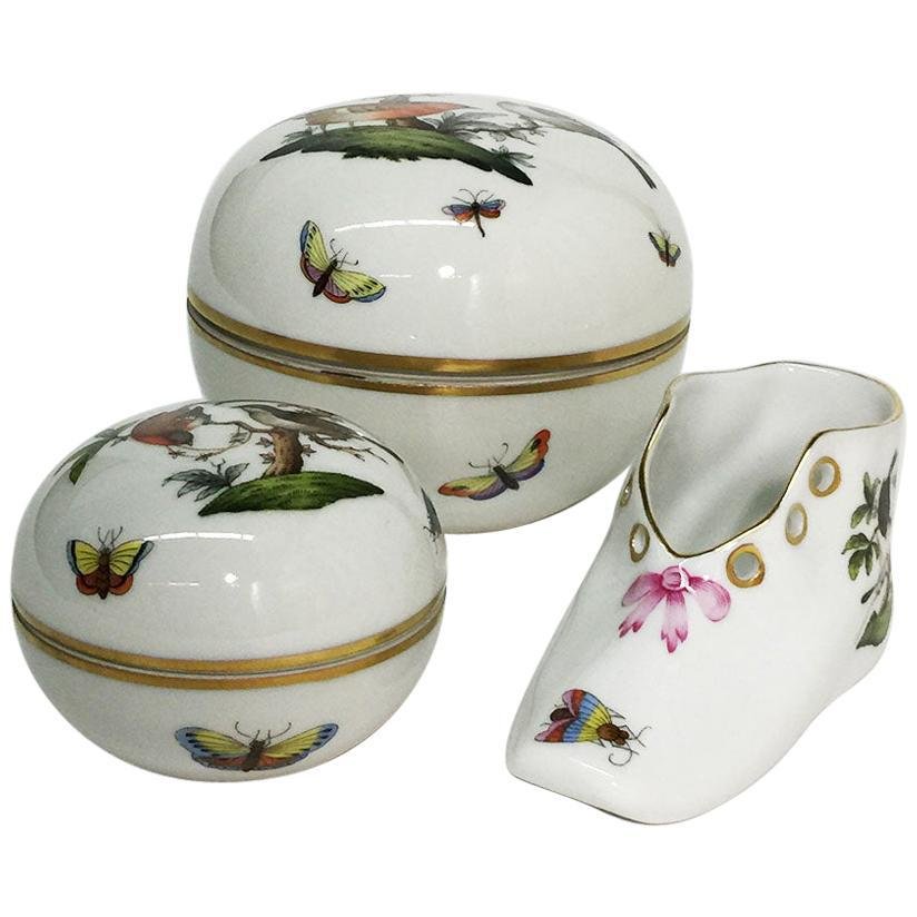 Rothschild Porcelain Round Lidded Boxes and Shoe from Herend Hungary