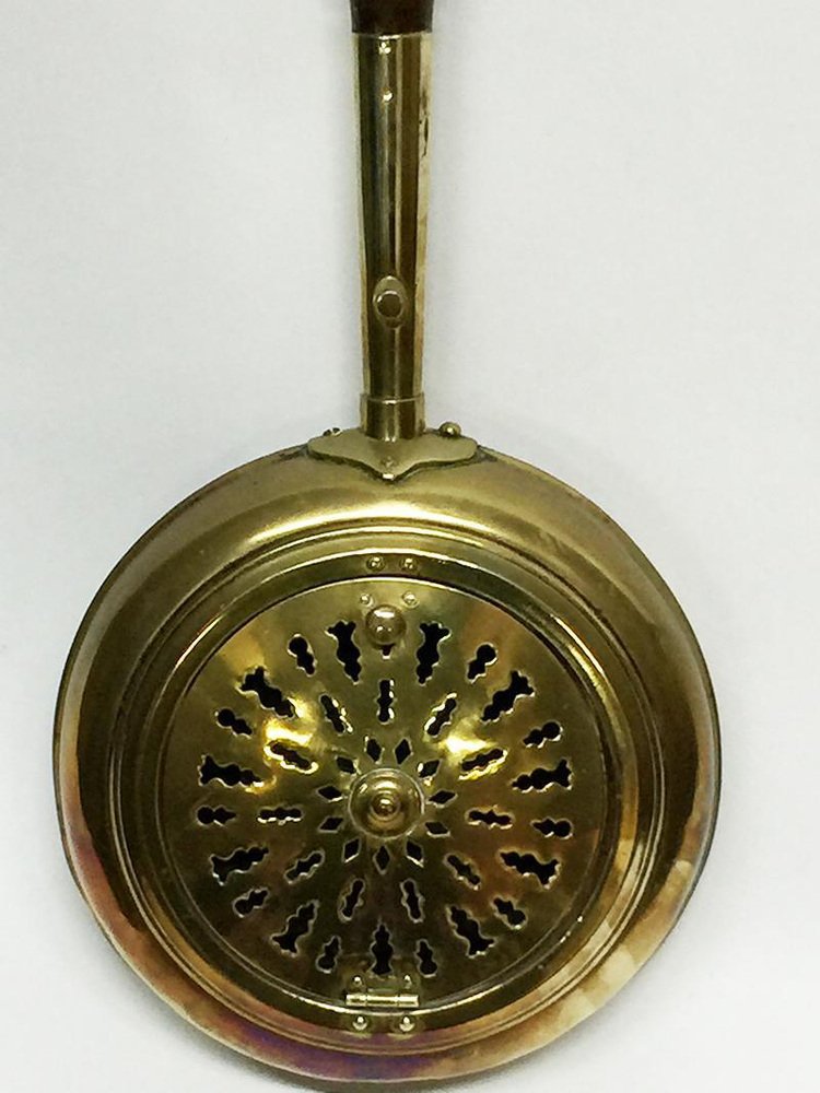 18th Century Brass Bedpan With Original Dark Oak Wooden Turned Steel